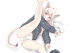  1girl animal_ear_fluff animal_ears bare_legs barefoot black_sweater brown_eyes cat_ears cat_girl cat_tail highres hiiragi_ragi leg_up light_brown_hair long_hair long_sleeves lying navel no_pants on_side original panties silver_hair sweater tail underwear white_panties 