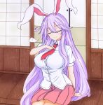  1girl animal_ears blouse breasts closed_eyes hand_on_own_chest highres large_breasts lavender_hair long_hair necktie pleated_skirt rabbit_ears red_necktie reisen_udongein_inaba shirt skirt smug solo sprout_(33510539) touhou very_long_hair 