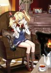  1girl absurdres blonde_hair blue_eyes blush bow chair cup fireplace gloves glowworm_(zhan_jian_shao_nyu) hair_ribbon highres indoors kikimi lamp long_hair long_sleeves looking_at_viewer mimikaki picture_frame ribbon scarf sitting solo spoon striped striped_scarf teacup teapot twintails zhan_jian_shao_nyu 