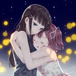  2girls artist_name bangs bare_shoulders black_hair blue_background closed_eyes commentary_request dated gradient gradient_background green_eyes hair_tie hug kurosawa_dia kurosawa_ruby long_hair love_live! love_live!_sunshine!! mole mole_under_mouth multiple_girls night redhead shirt siblings sisters sleeveless sleeveless_shirt smile tears tomiwo two_side_up 