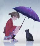  1girl brown_hair cat dangmill original profile rain ripples school_uniform short_hair short_ponytail squatting umbrella violet_eyes 