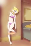  1girl absurdres ayase_eli blonde_hair blue_eyes bra breasts cleavage couch derivative_work groin highres love_live! love_live!_school_idol_project navel nishin_(hsdmj) panties partially_undressed pillow pink_bra pink_panties ponytail solo standing standing_on_one_leg underwear 