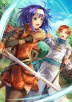  1boy 1girl :d ahoge belt blue_hair detached_sleeves fire_emblem fire_emblem:_souen_no_kiseki green_eyes headband long_hair nemupon_(goodlucky) open_mouth orange_hair rhys smile sweatdrop sword thigh-highs wayu_(fire_emblem) weapon 