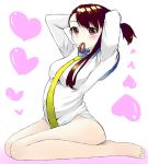  1girl adjusting_hair bare_legs barefoot blush brown_hair hair_tie heart kneeling nisekoi onodera_kosaki red_eyes solo tying_hair wataro_(watawatawatapon) 