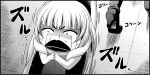  1girl aoki_hagane_no_arpeggio bangs blunt_bangs chibi cloak comic crying dragging fur_trim greyscale hands_together high_heels i-401_(aoki_hagane_no_arpeggio) i-402_(aoki_hagane_no_arpeggio) kaname_aomame kantai_collection long_hair monochrome on_floor sleeveless streaming_tears sweatdrop tears tile_floor tiles translation_request trembling wide-eyed wide_face 