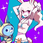  1girl animal_ears arms_up crossed_arms helmet high_ponytail long_hair midriff open_mouth pink_eyes rabbit rabbit_ears snowrabby spacesuit tobari usapyon youkai youkai_watch youkai_watch_3 
