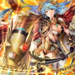  1girl bangs black_panties blue_hair breasts cape chains cleavage company_name copyright_name electricity eyebrows eyebrows_visible_through_hair gauntlets grin hair_ornament hammer holding holding_weapon kaizoku_ookoku_koronbusu large_breasts long_hair looking_at_viewer milcho motion_lines official_art panties shield smile solo spaulders thigh-highs tiara underwear weapon white_legwear yellow_eyes 