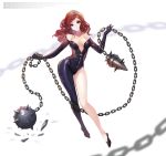  1girl artist_request ball_and_chain bare_shoulders bodysuit breasts brown_hair chains cleavage elbow_gloves flail full_body gloves hades_(herowarz) herowarz highres hips jewelry legs long_hair looking_at_viewer solo thighs violet_eyes weapon wide_hips 