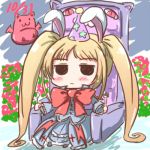  1girl :&lt; :3 animal_ears banderasu black_eyes blazblue blonde_hair blush bow bowtie chibi closed_mouth dated dress fork full_body gii hat holding holding_fork holding_spoon long_hair long_sleeves lowres nago number party_hat rabbit_ears rachel_alucard red_bow red_bowtie red_eyes sitting spoon throne twintails vampire very_long_hair 