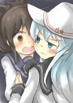  2girls alternate_hair_color aqua_eyes black_gloves blue_hair brown_eyes commentary_request eyebrows eyebrows_visible_through_hair flat_cap folded_ponytail gaoo_(frpjx283) gloves hammer_and_sickle hat hibiki_(kantai_collection) highres inazuma_(kantai_collection) kantai_collection multiple_girls open_mouth plasma-chan_(kantai_collection) remodel_(kantai_collection) school_uniform serafuku star verniy_(kantai_collection) 