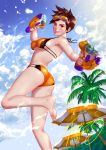  1girl 2016 :d adapted_costume artist_name ass bangs bare_shoulders barefoot beach_umbrella bikini blue_sky breasts brown_eyes brown_hair cowboy_shot dated dual_wielding ear_piercing eyelashes feet freckles glasses glasses_on_head glint halter_top halterneck highres large_breasts lips looking_at_viewer one_leg_raised open_mouth orange_bikini overwatch palm_tree piercing pink_lips short_hair signature sky smile soles solo sparkle spiky_hair splashing sunlight swimsuit teeth toes torn_s tracer_(overwatch) tree umbrella under_boob water water_gun 