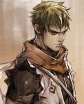  1boy bangs brown_eyes furrowed_eyebrows genji_(overwatch) green_hair headband looking_away male_focus nose overwatch portrait sae_(revirth) scarf short_hair short_sleeves smile solo upper_body younger 