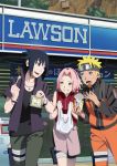  1girl 2boys absurdres bag blonde_hair blue_eyes bracelet forehead_protector green_eyes haruno_sakura highres jewelry lawson multiple_boys naruto naruto:_road_to_ninja naruto_shippuuden necklace official_art pink_hair plastic_bag ring short_hair uchiha_sasuke uzumaki_naruto 