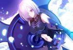  1girl armor bare_shoulders breasts clouds cloudy_sky dutch_angle fate/grand_order fate_(series) gloves hair_over_one_eye highres looking_at_viewer paperfinger purple_hair shielder_(fate/grand_order) short_hair sky solo violet_eyes 