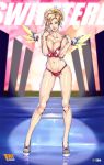  1girl bikini blonde_hair breast_squeeze breasts cleavage faymantra full_body gluteal_fold high_heels highres large_breasts long_legs looking_at_viewer mechanical_wings mercy_(overwatch) overwatch sandals skindentation smile solo standing swimsuit thigh_gap wings 