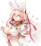  1girl banpai_akira blue_eyes breasts cleavage cravat elphelt_valentine gloves guilty_gear guilty_gear_xrd large_breasts looking_at_viewer open_mouth petals pink_hair smile solo upper_body 