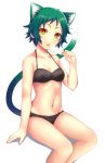  1girl animal_ears bare_shoulders bikini black_bikini blush breasts cat_ears cat_tail cleavage extra_ears fang food fushiguro_yaya green_hair highres ice_cream kida_kuro_mu looking_at_viewer navel open_mouth short_hair simple_background sitting slit_pupils solo swimsuit tail tongue tongue_out yellow_eyes yuragisou_no_yuuna-san 