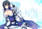  &gt;:| 1girl arm_support armor armored_dress black_gloves black_hair blue_hair breasts cleavage closed_mouth covered_navel earrings gloves gluteal_fold holding holding_weapon jewelry large_breasts looking_at_viewer pauldrons reverse_grip sai_(weapon) sangoku_musou shin_sangoku_musou short_hair skin_tight solo tokonaru vambraces wang_yi weapon 