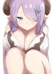  1girl alternate_costume alternate_hairstyle bikini blue_eyes breast_press breasts collarbone demon_horns doraf earrings granblue_fantasy hair_over_one_eye highres horns ichijou_(kr_neru0) jewelry large_breasts lavender_hair long_hair looking_at_viewer narumeia_(granblue_fantasy) pointy_ears solo swimsuit twintails white_bikini 