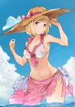  1girl absurdres arm_up armpits bare_shoulders bikini blonde_hair blue_sky bow breasts brown_eyes cleavage clouds djeeta_(granblue_fantasy) frilled_bikini frills granblue_fantasy hand_on_headwear hat hat_bow heart highres looking_at_viewer medium_breasts navel pink_bikini pink_bow pink_ribbon ribbon sarong see-through short_hair sky smile solo sun_hat swimsuit wading water wind yashigaras 