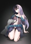  1girl black_hair black_panties blue_eyes breasts gradient gradient_background highres kaida_michi kneeling lavender_hair lingerie long_hair multicolored_hair navel negligee norah_bright original panties simple_background small_breasts solo two-tone_hair underwear underwear_only 