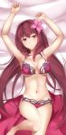  1girl bed_sheet bikini blush breasts dakimakura fate/grand_order fate_(series) flower from_above hair_flower hair_ornament long_hair looking_at_viewer lying on_back p!nta purple_hair red_eyes scathach_(fate/grand_order) scathach_(swimsuit_assassin)_(fate) solo swimsuit 