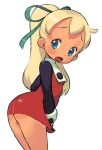  1girl aqua_eyes ass blonde_hair bottomless child cowboy_shot flat_ass forehead ishikawa_hideki long_hair long_sleeves looking_at_viewer open_mouth ponytail ribbon rockman rockman_(classic) roll simple_background skirt skirt_tug solo white_background 