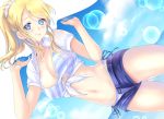  1girl :p ayase_eli bikini blonde_hair blue_eyes blush breasts cleavage crop_top front-tie_top gorua_(youce01) groin high_ponytail large_breasts long_hair looking_at_viewer love_live! love_live!_school_idol_project navel open_fly shirt short_shorts shorts side-tie_bikini smile solo striped striped_bikini swimsuit thighs tied_shirt tongue tongue_out 
