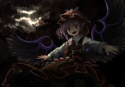  1girl :d akaiha_(akaihagusk) animal_ears bird_wings brown_dress darkness dress fangs fingernails hat hat_ornament hat_wings long_fingernails long_sleeves looking_at_viewer mystia_lorelei nail_polish night night_sky open_mouth outstretched_arms pink_hair red_eyes red_nails sharp_fingernails short_hair sky smile solo spread_arms touhou wings 