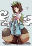  1girl animal_ears brown_eyes brown_hair disguise futatsuiwa_mamizou glasses hands_in_pockets leaf leaf_on_head pants pince-nez raccoon_ears raccoon_tail sen1986 short_hair sketch smile solo tail touhou 