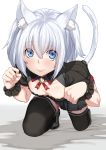  1girl animal_ears black_legwear blue_eyes breasts cat_ears cat_tail deras kneeling looking_at_viewer original paw_pose short_hair small_breasts solo tail thigh-highs white_hair 