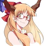  1girl bespectacled blonde_hair bow brown_eyes fang glasses hair_bow hair_ribbon highres horn_bow horns ibuki_suika liu_chi_tiantang_fr long_hair looking_to_the_side red-framed_eyewear ribbon semi-rimless_glasses smile solo touhou white_background 