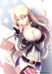  1girl ahoge american_flag american_flag_legwear blonde_hair blue_eyes breasts detached_sleeves elbow_gloves fingerless_gloves flag_print front-tie_top gloves hair_between_eyes iowa_(kantai_collection) kantai_collection large_breasts long_hair messy_hair midriff mimelex miniskirt mismatched_legwear navel skirt smile star star-shaped_pupils striped striped_legwear symbol-shaped_pupils thigh-highs vertical-striped_legwear vertical_stripes 