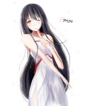  1girl alternate_costume bare_arms bare_shoulders black_hair character_name commentary_request dress fusou_(kantai_collection) highres kantai_collection kikuzunooka long_hair looking_at_viewer one_eye_closed red_eyes simple_background solo white_background white_dress 