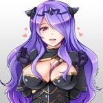  1girl armor between_breasts breasts camilla_(fire_emblem_if) circlet cleavage clenched_hands fire_emblem fire_emblem_if gradient gradient_background hair_over_one_eye heart kiritsuki_yuu_koromo large_breasts long_hair looking_at_viewer purple_hair smile solo strap upper_body violet_eyes 