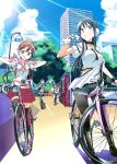  bag bicycle bike_shorts biker_clothes bikesuit black_hair black_legwear blue_eyes blue_sky bottle brown_hair building city clouds collar ground_vehicle hair_ornament highres lamppost leaning_forward long_hair outdoors pink_skirt riding sandals school_uniform shoes short_hair short_shorts shorts skirt sky thigh-highs tokyo_jitensha_shoujo. traffic_cone tree tupet vending_machine wadapen water_bottle zettai_ryouiki zipper 