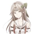  1girl brown_eyes brown_hair closed_mouth forehead_protector hachimaki hair_intakes headband ica jintsuu_(kantai_collection) kantai_collection long_hair looking_at_viewer neckerchief school_uniform serafuku serious sidelocks simple_background solo upper_body white_background 