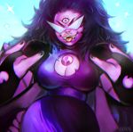  1girl \m/ breasts chromatic_aberration cleavage cleavage_cutout extra_arms fangs gem glasses kamina_shades large_breasts looking_at_viewer purple_hair purple_skin solo steven_universe sugilite_(steven_universe) sunglasses third_eye tongue tongue_out upper_body viorie 
