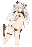  1girl alternate_costume amatsukaze_(kantai_collection) bare_shoulders bikini black_bikini black_hat black_ribbon boots bracelet breasts buttons hair_ornament hairband hat highres jewelry jumping kantai_collection knee_boots lifebuoy_hair_ornament long_hair mini_hat ningen_(ningen96) open_clothes open_shirt red_boots ribbon shirt side-tie_bikini silver_hair simple_background sleeveless sleeveless_shirt small_breasts solo swimsuit twintails unbuttoned unbuttoned_shirt very_long_hair white_background white_shirt yellow_eyes 