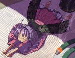  1girl ahoge barefoot blush bowl bowl_hat clenched_hand closed_eyes commentary_request hat hat_removed headwear_removed japanese_clothes kimono mosquito_coil purple_hair saliva shope sleeping smoke solo sukuna_shinmyoumaru tatami touhou 