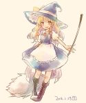  1girl 2016 apron blonde_hair boots bow braid broom cross-laced_footwear dated dress hat hat_bow kirisame_marisa lace-up_boots open_mouth sen1986 side_braid smile touhou witch_hat yellow_eyes 