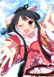  1girl alternate_hairstyle belt black_hair blush bow brown_eyes hair_bow hime_cut houraisan_kaguya japanese_clothes kimono nurupo_(abooon) one_eye_closed open_mouth outstretched_arms ponytail solo touhou wide_sleeves 