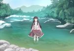  1girl :d black_hair forest hands_on_own_chest hime_cut houraisan_kaguya japanese_clothes kimono lake long_hair long_skirt mountain nature nurupo_(abooon) open_mouth red_eyes skirt skirt_hold smile solo standing stream touhou very_long_hair wading water wide_sleeves 