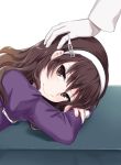  1girl ashigara_(kantai_collection) bangs brown_eyes brown_hair closed_mouth eyebrows eyebrows_visible_through_hair from_side gloves hairband ica juliet_sleeves kantai_collection long_hair long_sleeves looking_at_viewer looking_to_the_side lying on_stomach petting puffy_sleeves simple_background solo_focus white_background white_gloves 