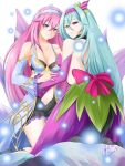  2girls alfred_cullado aqua_hair blue_eyes brave_frontier breasts cleavage collar collarbone ensa-taya hair_between_eyes hairband long_hair medium_breasts multiple_girls pink_hair signature violet_eyes 