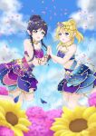  2girls absurdres ayase_eli bare_shoulders blonde_hair blue_eyes blue_sky blush breasts butterfly_hair_ornament clouds flower green_eyes hair_ornament hand_holding highres large_breasts long_hair love_live! love_live!_school_idol_project multiple_girls petals pointy_ears purple_hair sky smile solo sunflower toujou_nozomi yukii-chi 