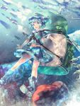  1girl :d backpack bag blue_eyes blue_hair boots hair_bobbles hair_ornament highres kawashiro_nitori key looking_away mechanical_arm missile miyuki_ruria navel open_mouth propeller puffy_short_sleeves puffy_sleeves rubber_boots short_hair short_sleeves skirt skirt_set smile solo touhou two_side_up 