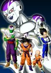  &gt;:d 5boys :d absurdres armor bald black_hair boots cape clenched_hands crossed_arms dragon_ball dragon_ball_z dragonball_z frieza green_skin highres kuririn looking_at_viewer multiple_boys muscle open_mouth piccolo red_eyes serious shinomiya_akino smile son_gokuu spiky_hair vegeta white_skin 