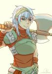 1girl armor artist_name axe backlighting bangs belt blue_eyes blue_hair breastplate commentary crimsonfire3 echidna_(fire_emblem) eyebrows eyebrows_visible_through_hair fire_emblem fire_emblem:_fuuin_no_tsurugi gloves hair_between_eyes hand_on_hip holding holding_axe holding_weapon shoulder_pads signature silver_hair simple_background solo spikes upper_body weapon yellow_background 