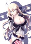  1girl ahoge american_flag american_flag_legwear blonde_hair blue_eyes breasts detached_sleeves elbow_gloves fingerless_gloves flag_print front-tie_top gloves hair_between_eyes iowa_(kantai_collection) kantai_collection large_breasts long_hair messy_hair midriff mimelex miniskirt mismatched_legwear navel skirt smile star star-shaped_pupils striped striped_legwear symbol-shaped_pupils thigh-highs vertical-striped_legwear vertical_stripes 